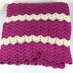 Crochet Handmade Afghan Throw Ripple Chevron Hot Pink Ivory 68" x 52"